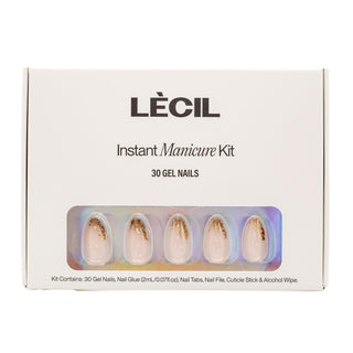 Gold foil french instant manicure kit. , false nails , LeCil , gold, metallic, nails, natural, short almond , LeCil , lecil.com.au