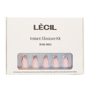 Metallic silver french instant manicure kit. , false nails , LeCil , black, french manicure, nails, natural, patterned, pink, short almond , LeCil , lecil.com.au