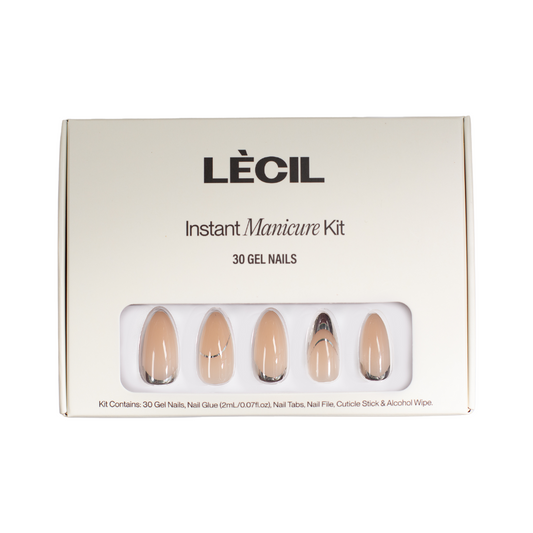 Chrome Couture manicure kit. , false nails , LeCil , long almond, metallic, nails, natural, patterned, pink, silver , LeCil , lecil.com.au