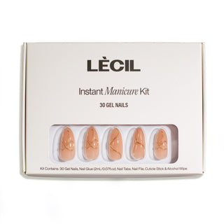 Golden tinsel instant manicure kit , false nails , LeCil , gold, long almond, nails, natural, neutral, patterned, pink , LeCil , lecil.com.au